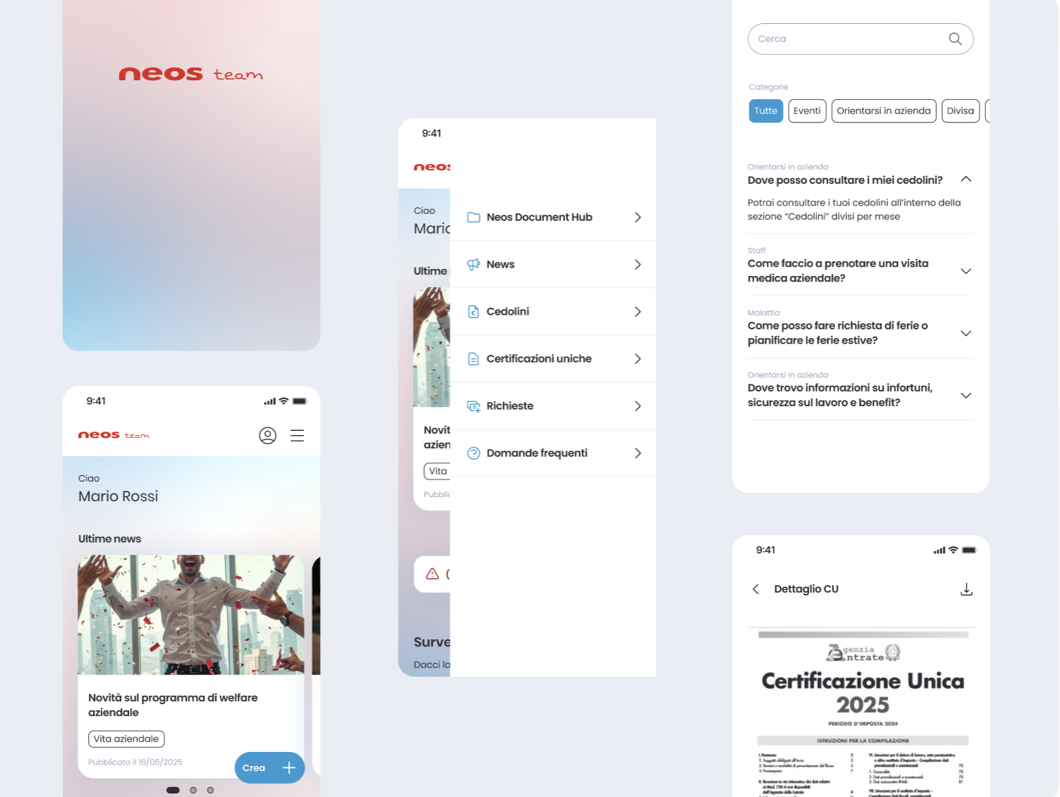 Interfacce del progetto Neos realizzato da glueglue