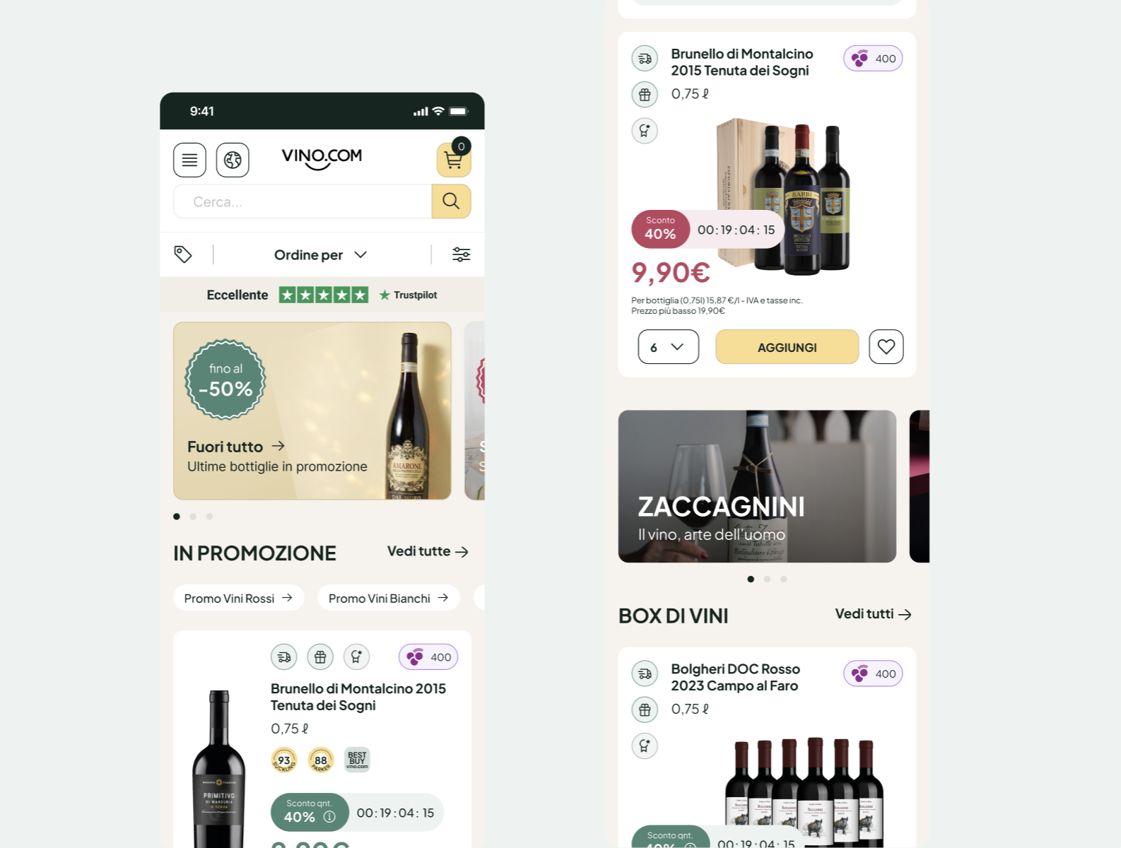 Interfacce del progetto Vino.com realizzato da glueglue